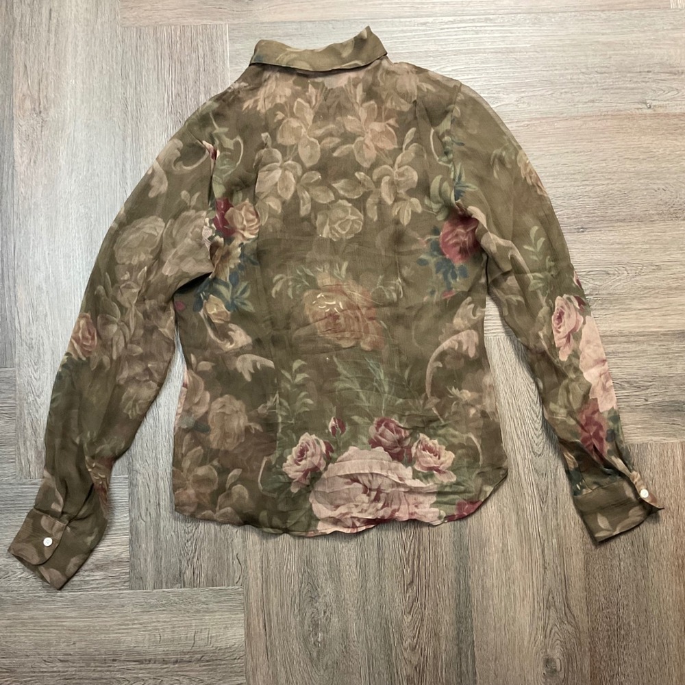Lauren Ralph Lauren Silk Ruffle Georgette Floral Sheer Blouse Womens XS Olive - Picture 2 of 7